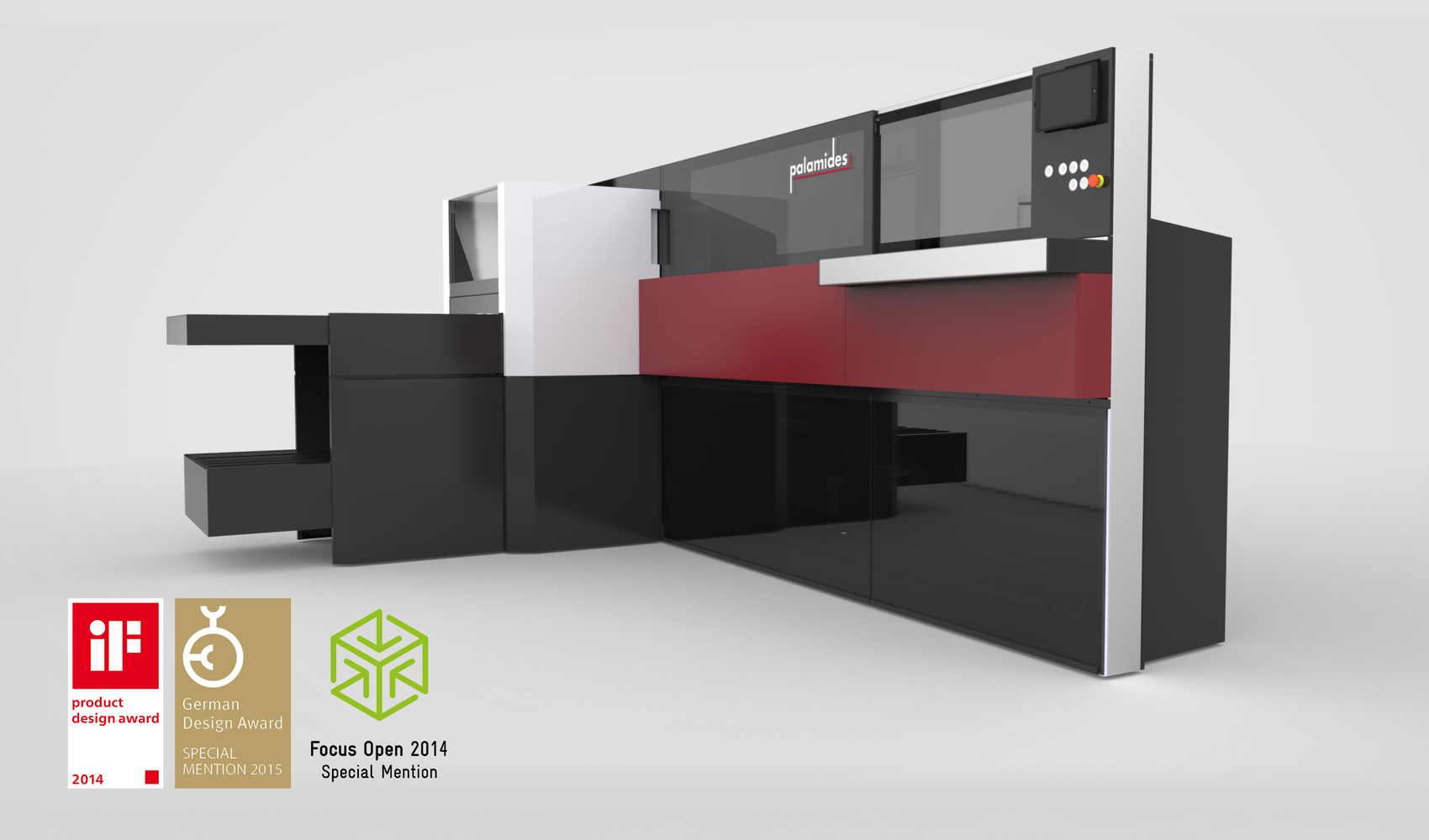 Preisgekröntes Industriedesign der Palamides smartliner240 Buchbindeanlage mit großflächigen Glasflächen, integriertem HMI und hochwertiger Maschinenarchitektur.