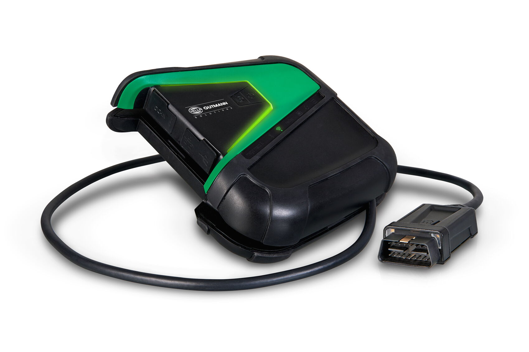 Automotive Diagnosegerät mit integrierter LED-Lichtsignatur, markenprägendem Gehäusedesign und ergonomischem Kabelmanagement.