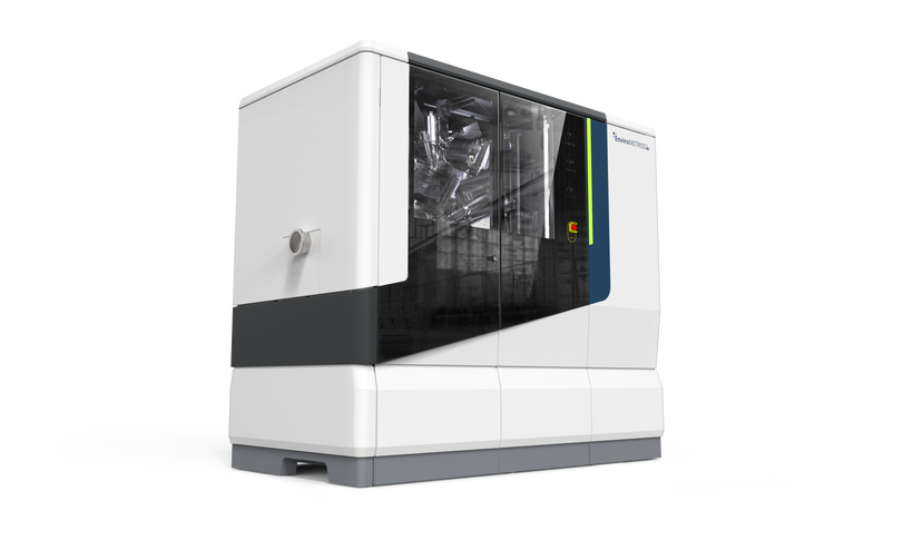 Industrial Design eines Analysegeräts mit markentypischer Formensprache, asymmetrischer Glasfront und modular aufgebautem Maschinengehäuse.