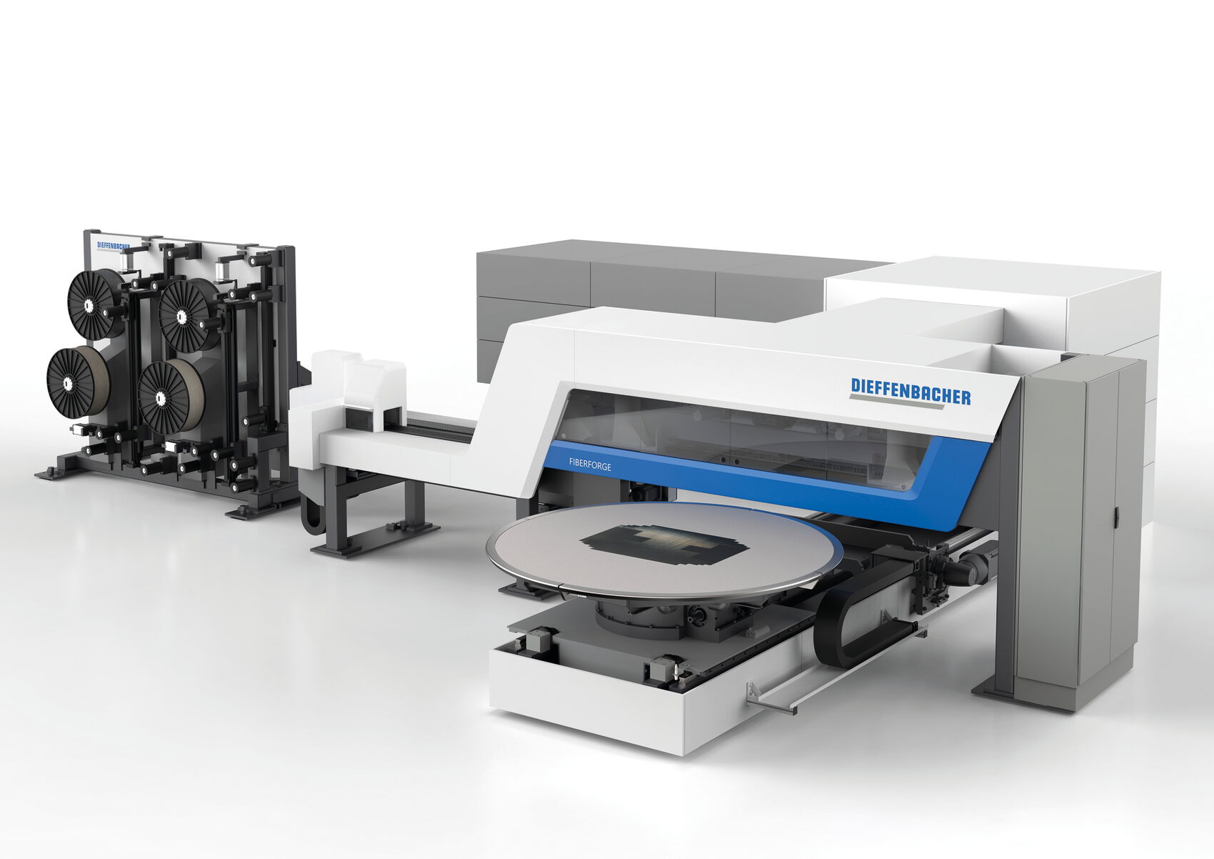 Industrial Design der automatisierten Tapelegeanlage Dieffenbacher Fiberforge mit transparentem Prozessfenster und Focus Open Gold Design Award 2017.