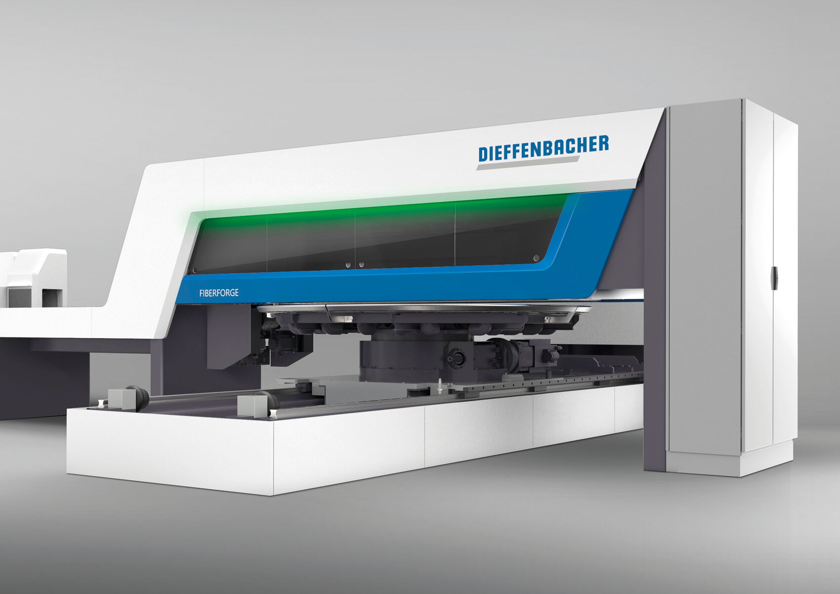Dieffenbacher Fiberforge Tapelegeanlage mit transparentem Prozessfenster, integriertem LED-Signallicht und modernem Industrial Design.