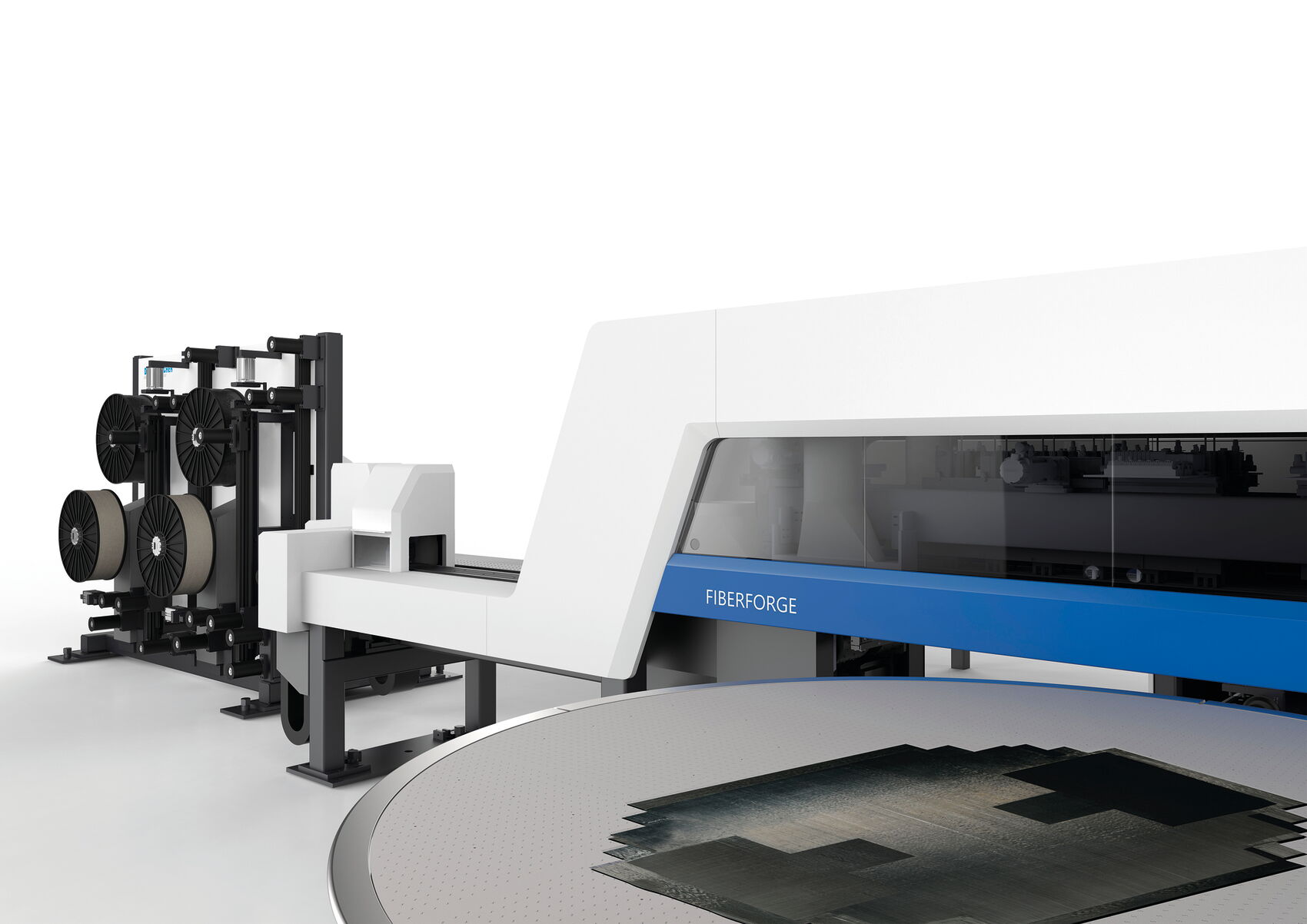 Dieffenbacher Fiberforge Tapelegeanlage mit Materialzuführung, zentralem Prozessmodul und modernem Industrial Design für automatisierte Composite-Fertigung.