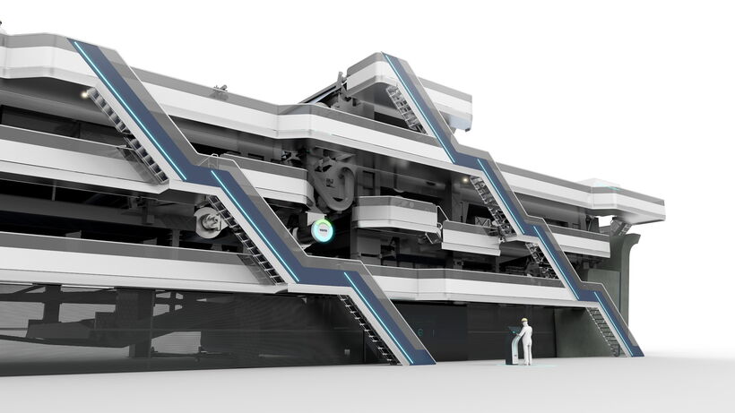 Modernes Maschinendesign einer Papierproduktionsanlage mit offener Maschinenarchitektur, integrierten Wartungsbereichen und reduzierter Formensprache.