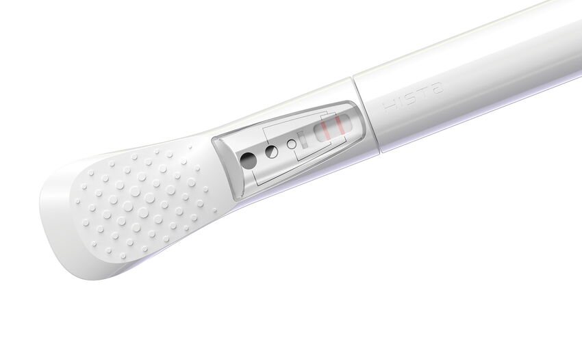 Product design of the Hisatest histamine rapid test featuring an ergonomic shape and integrated test window for user-friendly diagnostics.