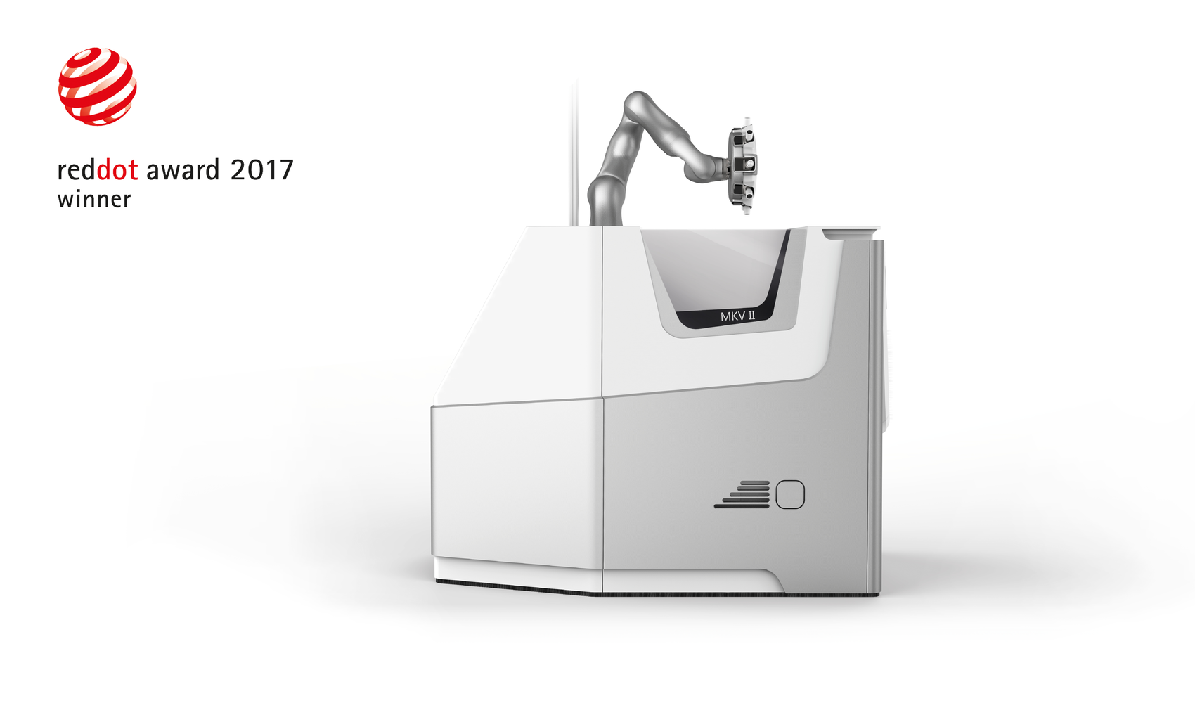 Industrielles Maschinengehäuse für einen kollaborativen Montageroboter mit integrierter LED-Statusanzeige, Schallschutz und wartungsfreundlichem Gehäusedesign.