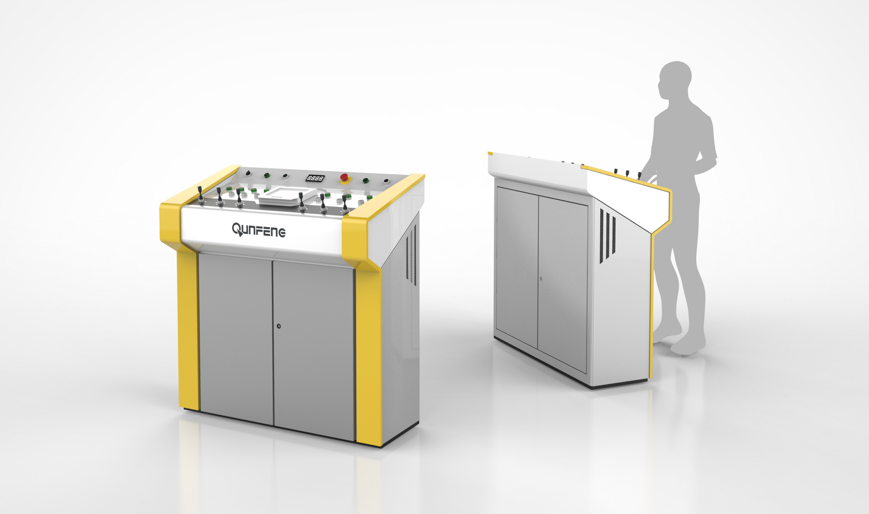 Ergonomisch gestaltetes Bedienpult der Qunfeng QFT Produktionsanlage mit geneigter Bedienoberfläche, intuitiver Anordnung der Bedienelemente und markanter gelber Designsprache.