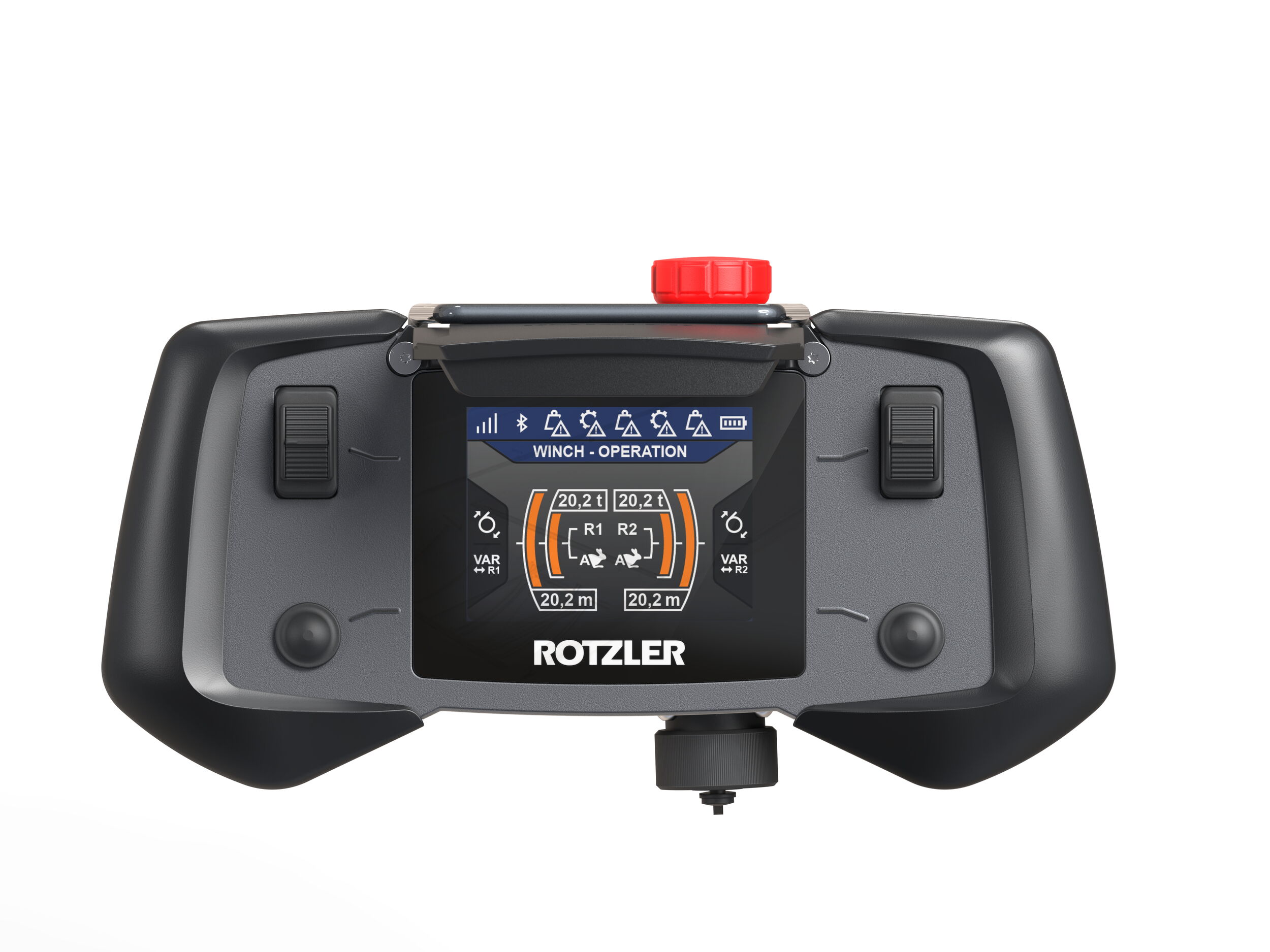 ROTZLER APEX Fernbedienung mit ergonomisch geformten Griffbereichen, optimal angeordneten Bedienelementen und benutzerorientiertem Industrial Design für den professionellen Einsatz.