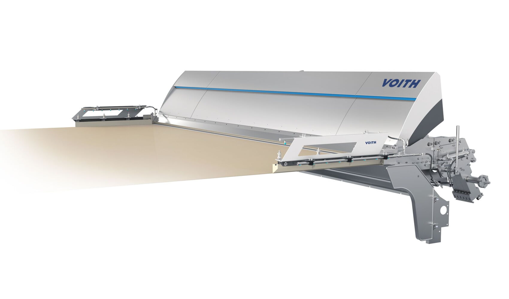 Maschinendesign der Voith MasterJet 4Tec Headbox für präzise Stofflaufregelung in modernen Papiermaschinen.