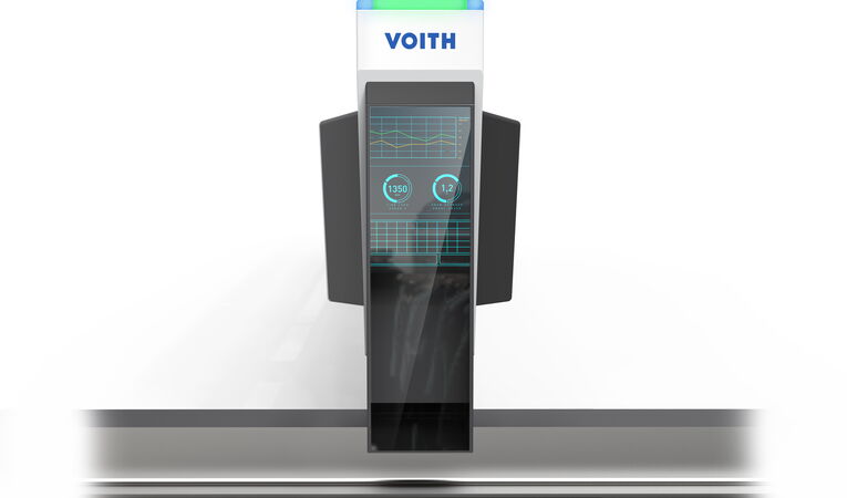 Maschinendesign des Voith OnQuality.Scanners mit ergonomisch integriertem Bedienterminal, integrierter Signalleuchte und hochwertiger Produktarchitektur für die kontinuierliche Qualitätsmessung in der Papierproduktion.