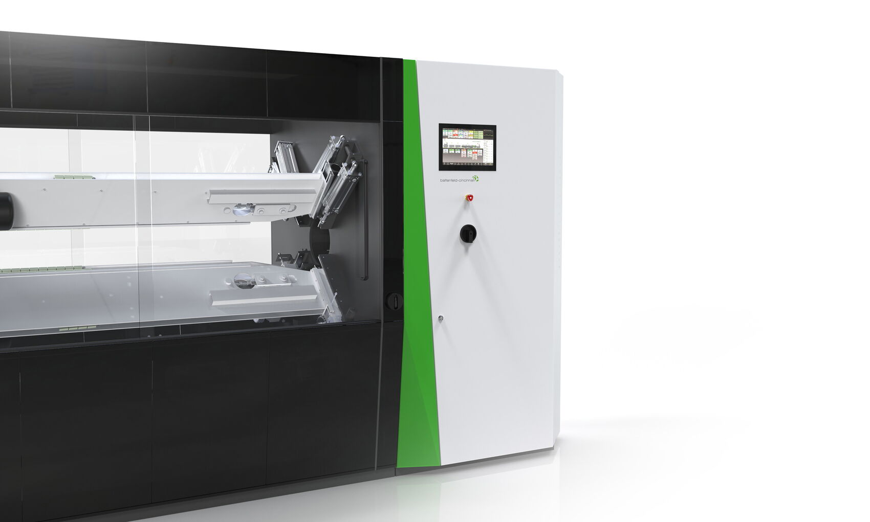 Detailansicht des Maschinendesigns der Battenfeld-Cincinnati PullStream mit integriertem HMI-Bedienpanel, transparenter Maschineneinhausung und grünem CI-Element als gestalterischer Schnittstelle zwischen den Maschinenmodulen.