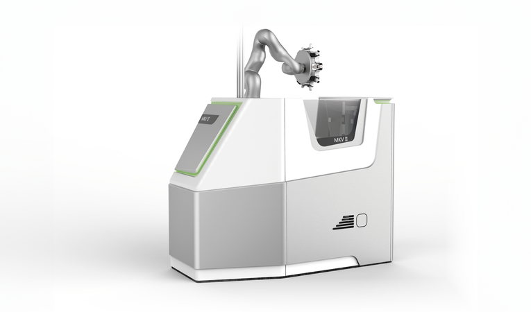 Maschinengehäuse eines kollaborativen Roboters mit integriertem grünem LED-Statuslicht zur Visualisierung des Betriebszustands.