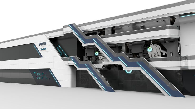 Modernes Maschinendesign mit markanten ansteigenden Treppenelementen und integrierter LED-Lichtführung für sichere Zugänglichkeit und eine unverwechselbare Designsprache.
