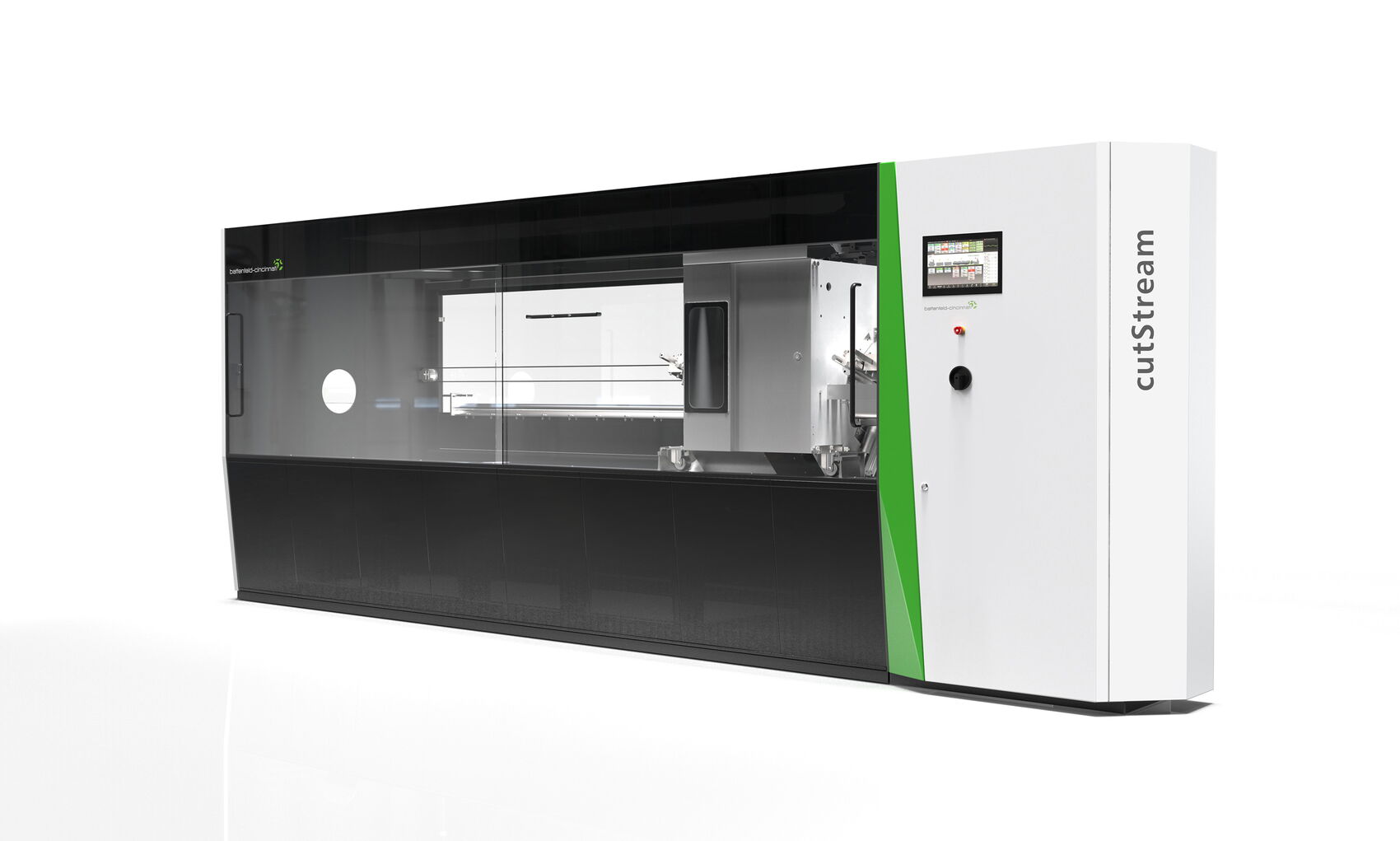 Maschinendesign der Battenfeld-Cincinnati CutStream mit transparenter Maschineneinhausung, integriertem Bedienkonzept und präziser Maschinenarchitektur für automatisierte Schneidprozesse in der Kunststoffextrusion.