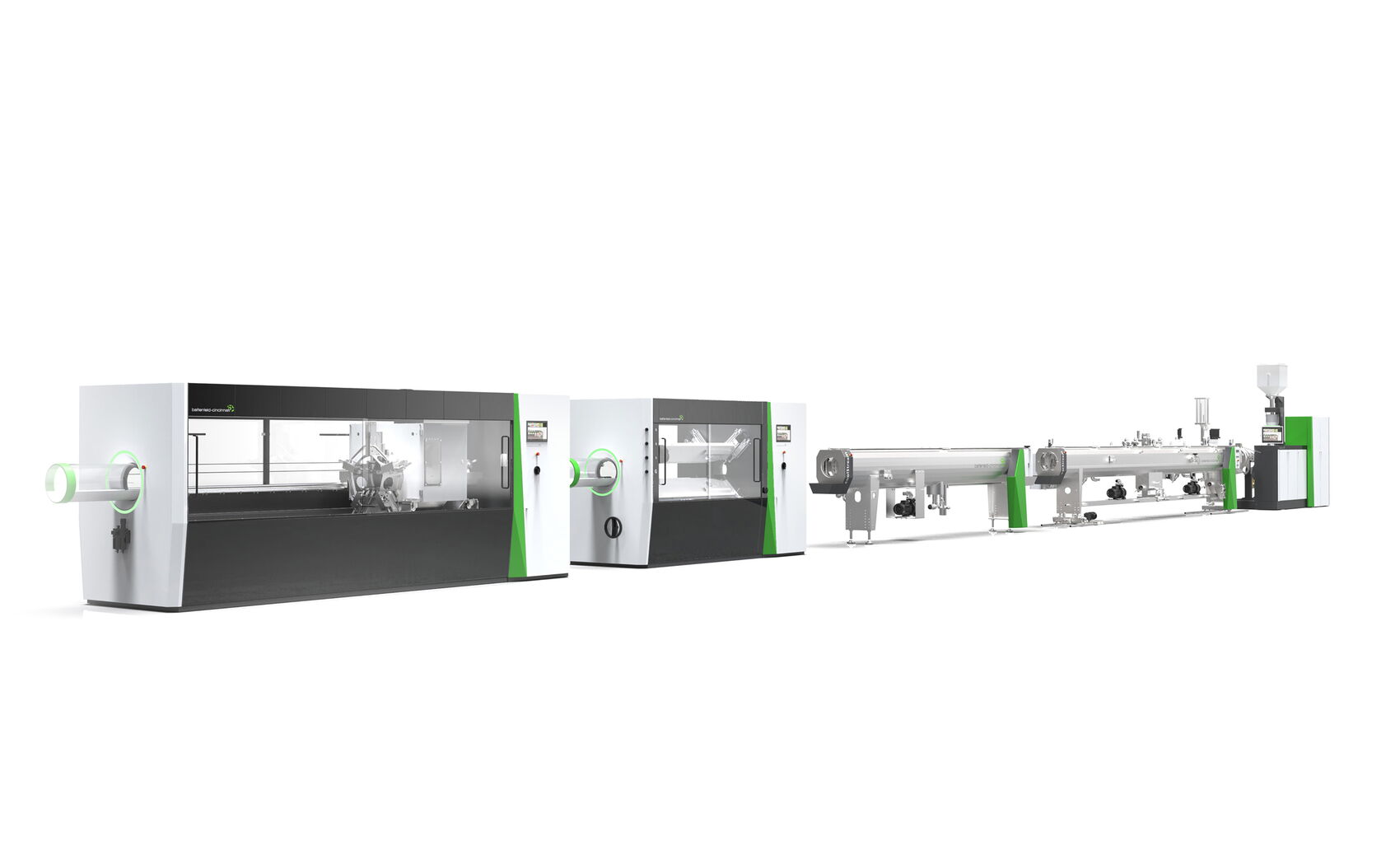 Industriedesign einer modularen Battenfeld-Cincinnati Extrusionslinie mit durchgängiger Designsprache, hochwertiger Maschineneinhausung und einer markenprägenden Produktarchitektur für die Kunststoffextrusion.