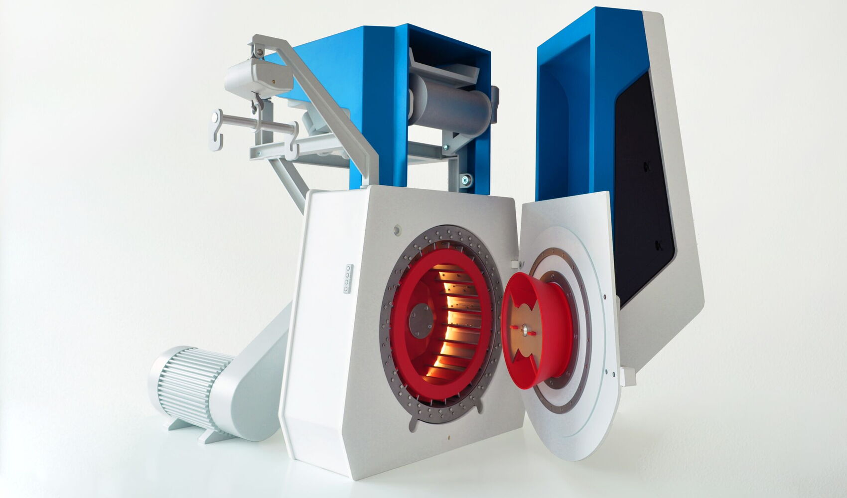 Detailliertes Messemodell des MRZ von Dieffenbacher mit funktionsfähigem Messerring zur Präsentation komplexer Anlagentechnik.