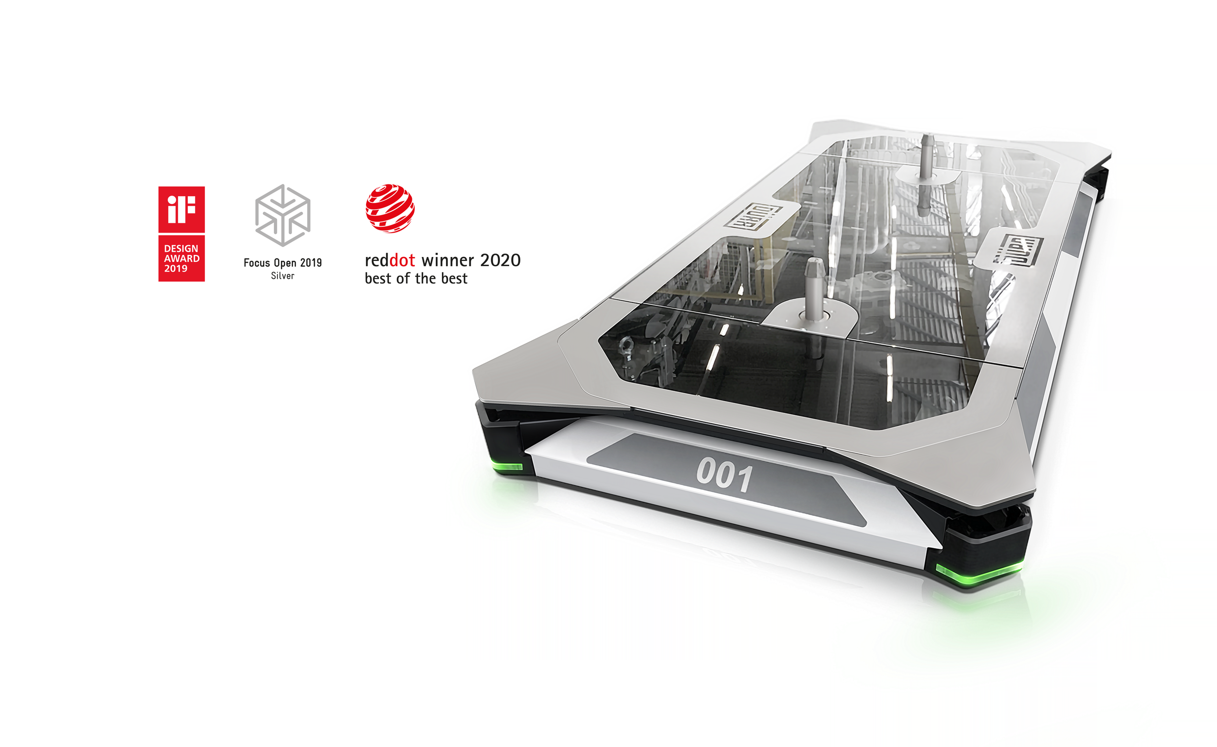 Industriedesign des Dürr EcoProFleet mit transparentem Gehäusekonzept für autonome Materialtransporte in der Smart Factory.