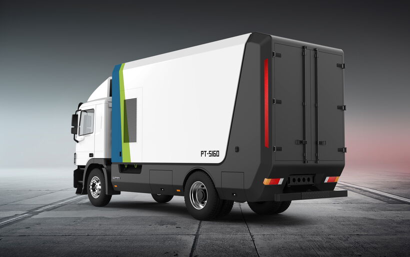 Kommunales Nutzfahrzeug mit modularem Fahrzeugaufbau und eigenständigem Heckmodul im Commercial Vehicle Design.