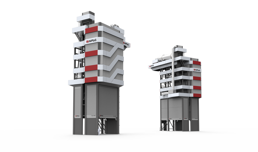 Visualization of the NFLG GLB 4000 asphalt mixing plant featuring an architectural façade design and a distinctive tower structure.