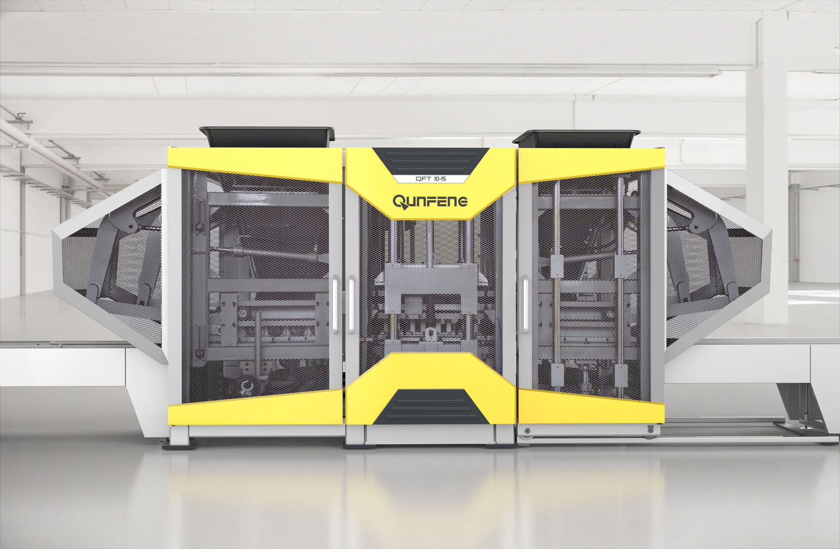 Frontansicht der Qunfeng QFT Betonstein-Produktionsanlage mit markanter gelber Designstruktur, modularen Schutzelementen und einer klar hervorgehobenen Formpresse als zentrales Gestaltungselement.