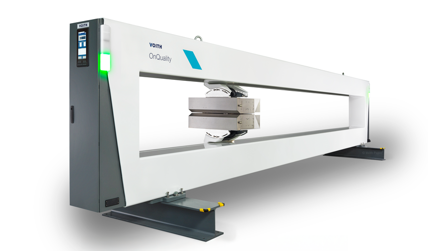 Industrial design of the Voith OnQuality.Scanner featuring a premium product architecture, integrated operator terminal, status lights and a precision sensor head for continuous quality measurement in paper production.