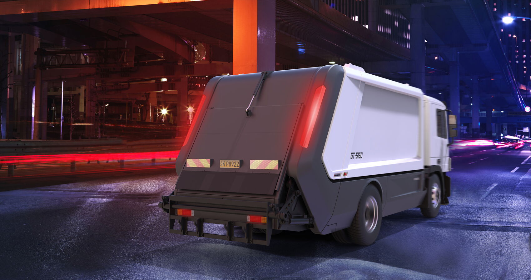 Kommunales Reinigungsfahrzeug von Qunfeng mit markantem Heckdesign und integrierten vertikalen LED-Rückleuchten.