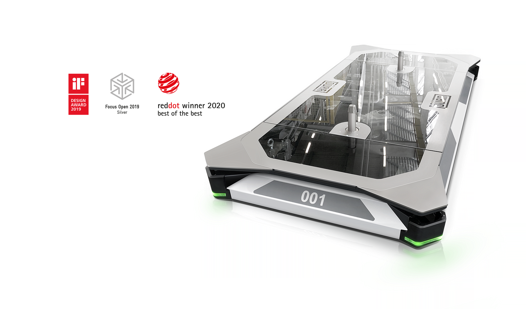Industriedesign des Dürr EcoProFleet mit transparentem Gehäusekonzept für autonome Materialtransporte in der Smart Factory.