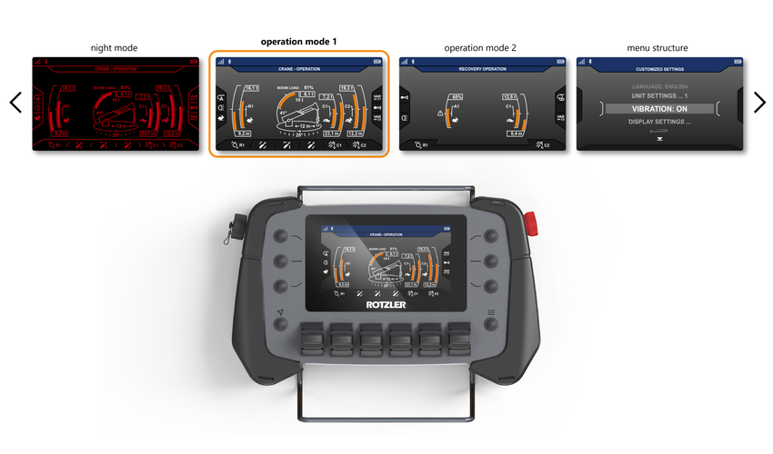 User interface of the ROTZLER APEX winch remote control featuring multiple operating modes, night mode and an intuitive information layout for professional recovery systems.