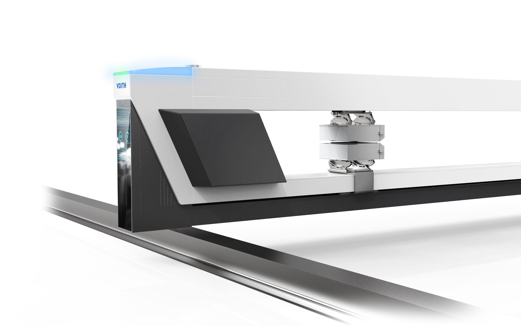 Industriedesign des Voith OnQuality.Scanners mit integriertem Sensorkopf, präziser Maschinenarchitektur und hochwertiger Maschineneinhausung für die kontinuierliche Qualitätsmessung in der Papierproduktion.