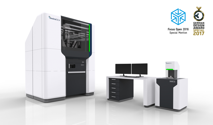 Award-winning laboratory equipment design of the SPECS EnviroESCA electron spectroscopy system for automated surface analysis.