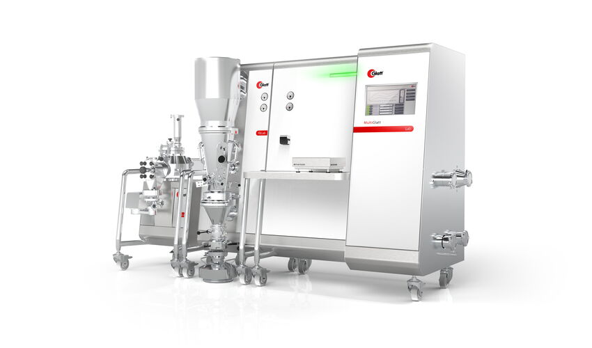 Industrial design of the Glatt MultiLab pharmaceutical processing system featuring a modular machine architecture for tablet and capsule development. The all-in-one platform combines multiple process modules in a cohesive product family designed for labor