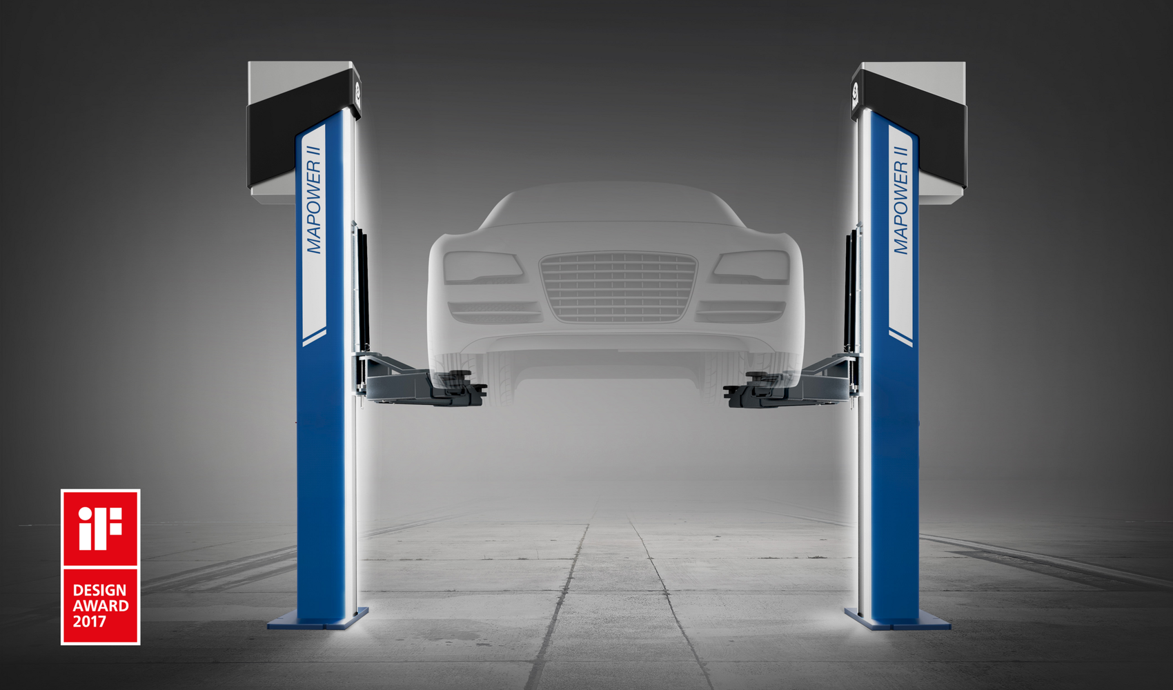 Mit dem iF Design Award 2017 ausgezeichnete MAHA MAPOWER II Hebebühne mit markanter Formensprache und konsistenter Markenidentität.