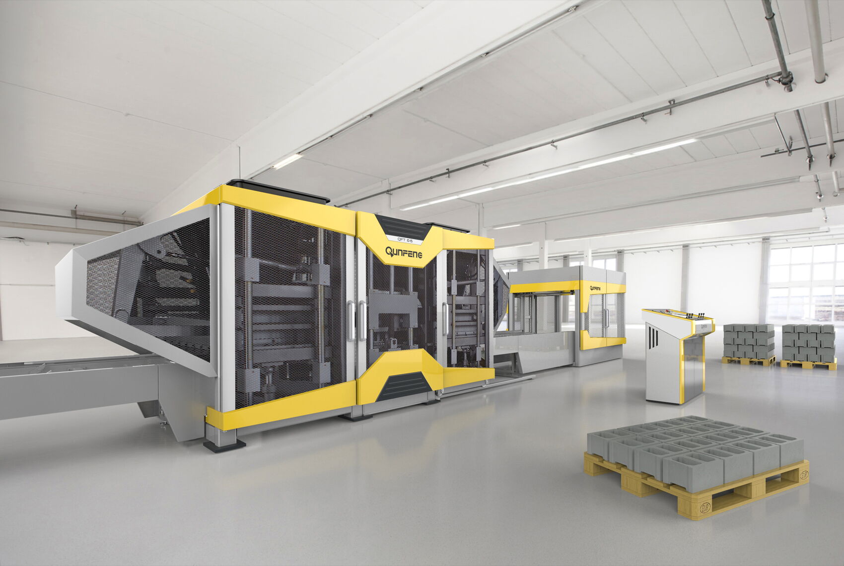 Gesamtansicht der modularen Qunfeng QFT Produktionsanlage für Betonsteine mit Formpresse, Bedienpult und Materialhandling im modernen Investitionsgüterdesign.