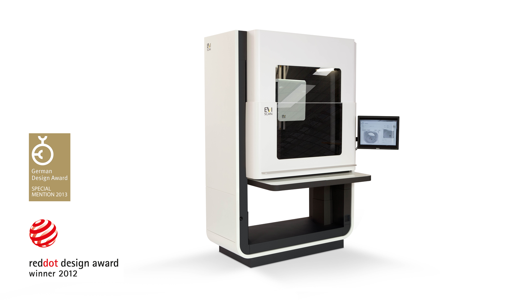 Red Dot Award-prämiertes Industriedesign des EVISCAN Scankopfs für die berührungslose Spurensicherung mit präziser optischer Erfassung.