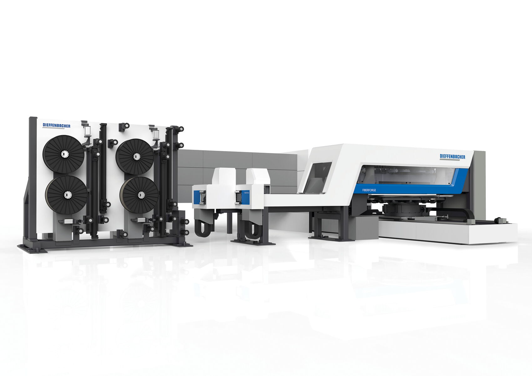 Gesamtansicht der Dieffenbacher Fiberforge Produktionsanlage mit Materialmagazin, Zuführung und Prozessmodul im modernen Industrial Design für die automatisierte Composite-Fertigung.