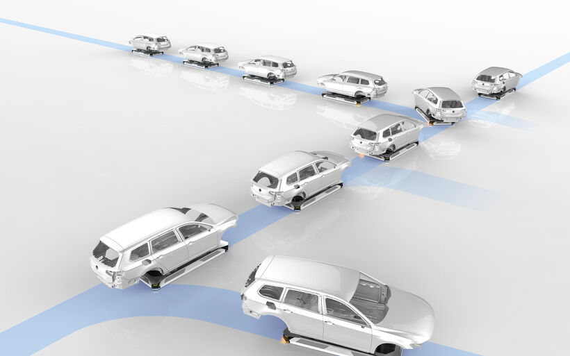 Industriedesign der Dürr EcoProFleet für autonomes Flottenmanagement, vernetzte Navigation und effiziente Intralogistik in der Smart Factory.