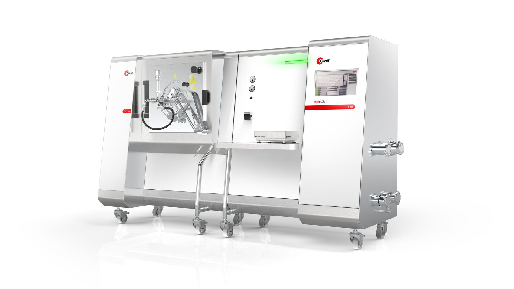 Maschinendesign des Glatt MultiLab Systems mit hochwertiger Gerätearchitektur, großen Glasflächen und hygienegerechter Gestaltung für Labor- und Reinraumanwendungen in der pharmazeutischen Entwicklung und Produktion.