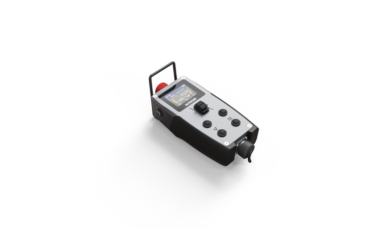 Kompakte ROTZLER APEX Seilwinden-Fernbedienung mit ergonomischem Gehäuse, Farbdisplay und robustem Industrial Design für mobile Anwendungen.