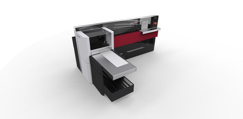 Perspektive von oben der Palamides smartliner240 mit klarer Maschinenarchitektur, großflächigen Glasflächen und hochwertigem Industriedesign für die Layflat-Buchbindung.
