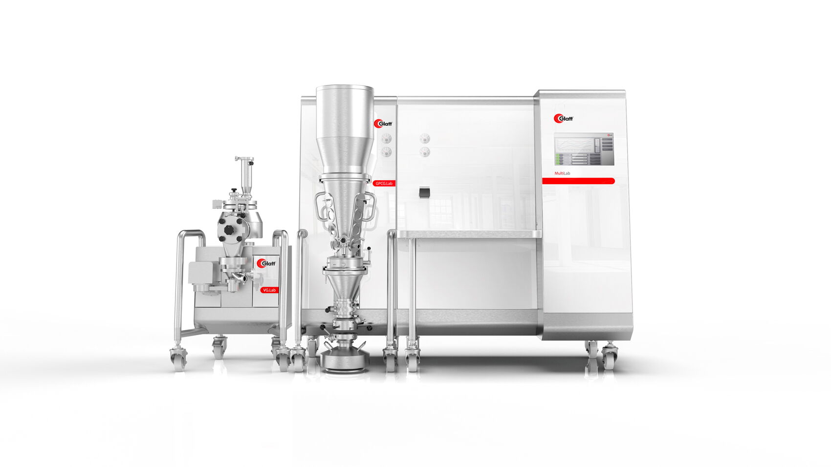 Glatt MultiLab mit kombiniertem Haupt- und Prozessmodul für die pharmazeutische Entwicklung von Granulat, Tabletten und Kapseln. Das modulare Maschinendesign ermöglicht flexible Anlagenkonfigurationen, hygienische Prozessführung und eine einheitliche Prod