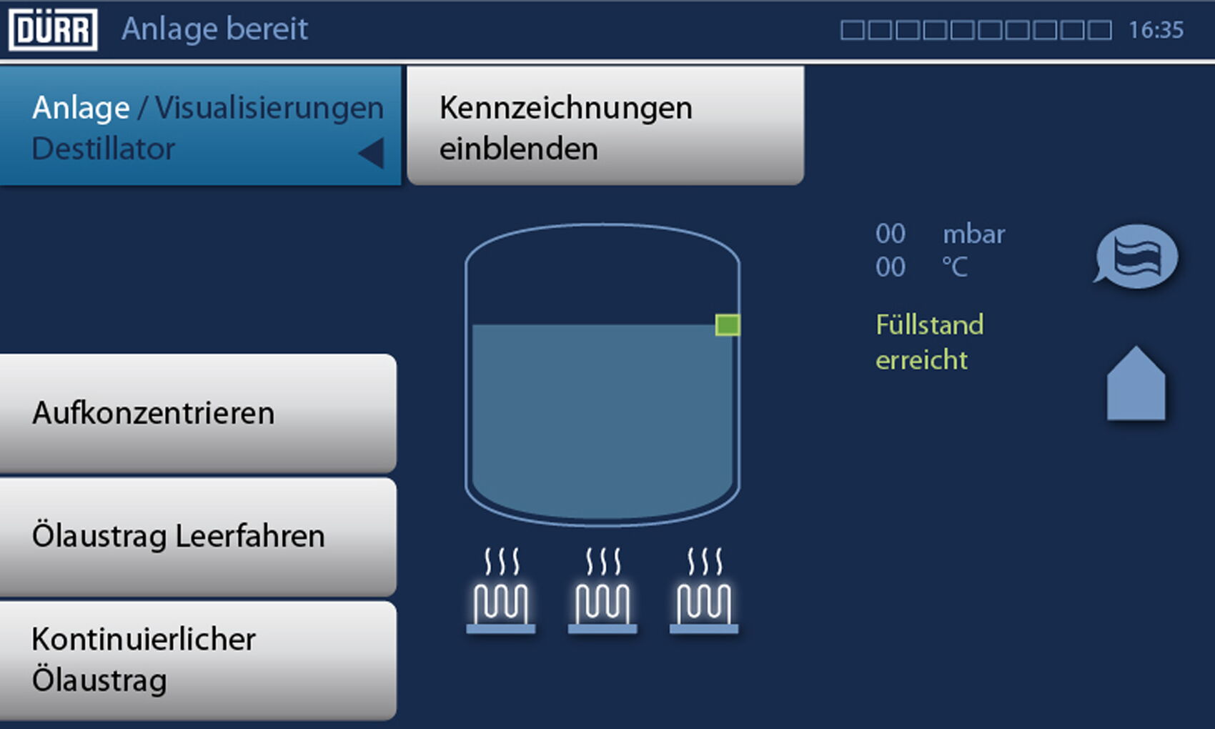 Visualisierung eines Destillationsprozesses im HMI der Dürr EcoCCore – übersichtliches User Interface Design zur verständlichen Darstellung komplexer Anlagenprozesse.