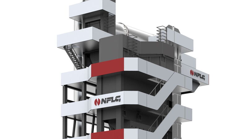Detailansicht der modularen Fassadenverkleidung der NFLG GLB 4000 Asphaltmischanlage. Horizontale Verkleidungselemente strukturieren den Anlagenturm und schaffen eine unverwechselbare Markenidentität.