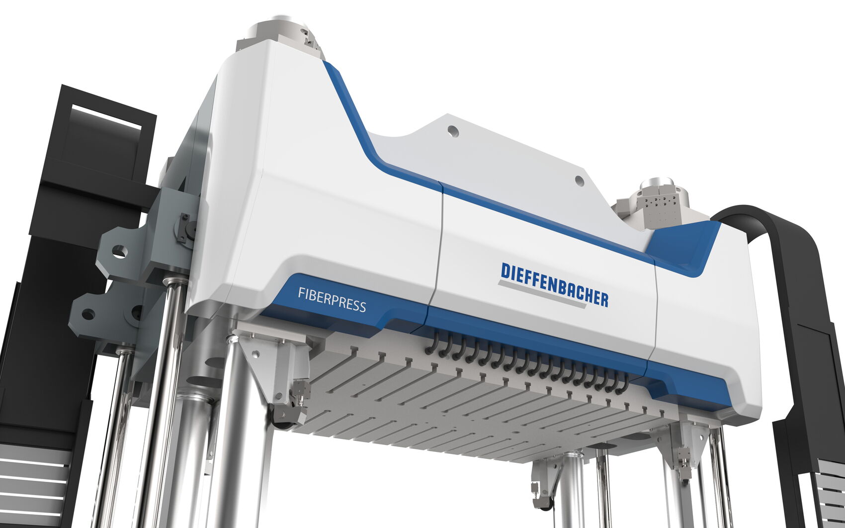 Nahaufnahme der Dieffenbacher Fiberpress mit modernem Maschinengehäuse für die finale Umformung thermoplastischer Faserverbundbauteile im industriellen Produktionsprozess.