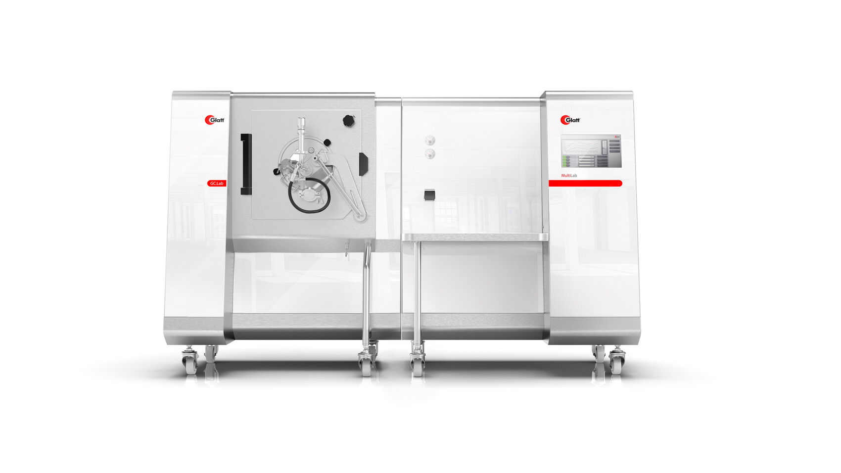 Frontansicht des Glatt MultiLab Systems mit hygienischer Maschinenarchitektur, modularem Industriedesign und hochwertiger Gerätegestaltung für Labor- und Reinraumanwendungen in der pharmazeutischen Entwicklung und Produktion.