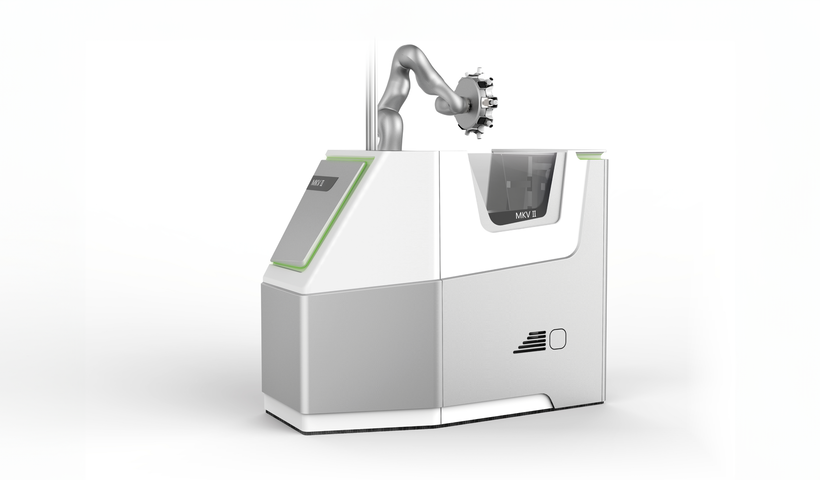 Maschinengehäuse eines kollaborativen Roboters mit integriertem grünem LED-Statuslicht zur Visualisierung des Betriebszustands.