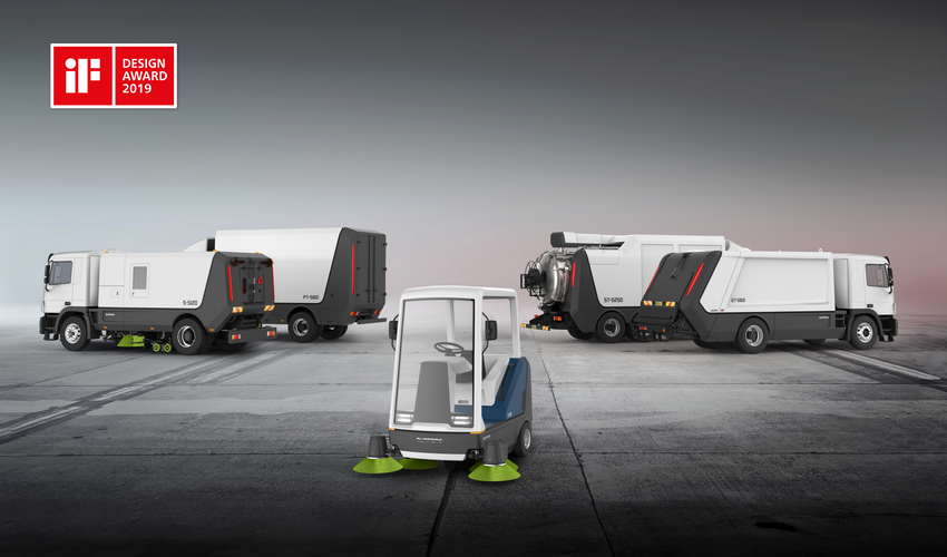 Product family of modern municipal cleaning vehicles by Qunfeng featuring sweepers, refuse trucks, sewer cleaning vehicles and an electric sweeper with a unified industrial vehicle design language.