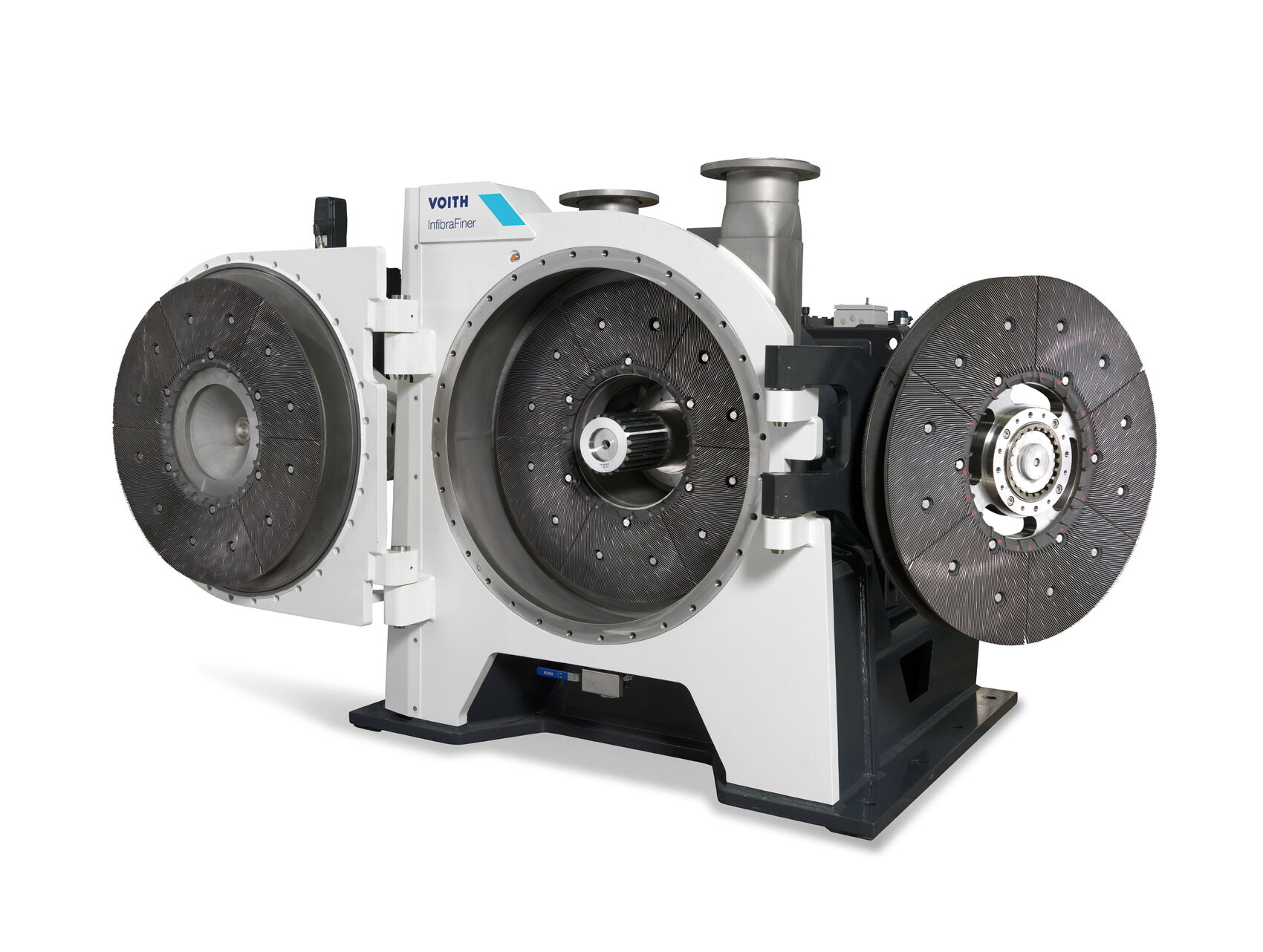 Offene Maschinenarchitektur des Voith InfibraFiners mit ergonomischem Servicezugang zu den Mahlsegmenten. Das robuste Industriedesign ermöglicht eine schnelle Wartung und hohe Anlagenverfügbarkeit in der industriellen Papierproduktion.