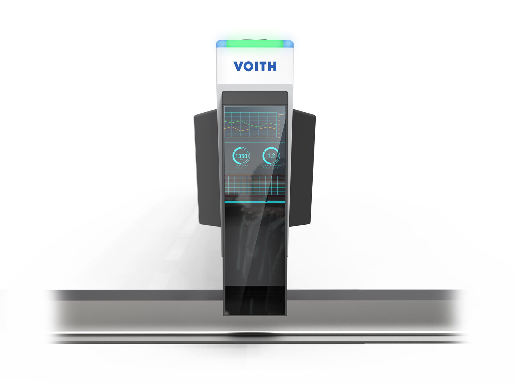 Maschinendesign des Voith OnQuality.Scanners mit ergonomisch integriertem Bedienterminal, integrierter Signalleuchte und hochwertiger Produktarchitektur für die kontinuierliche Qualitätsmessung in der Papierproduktion.