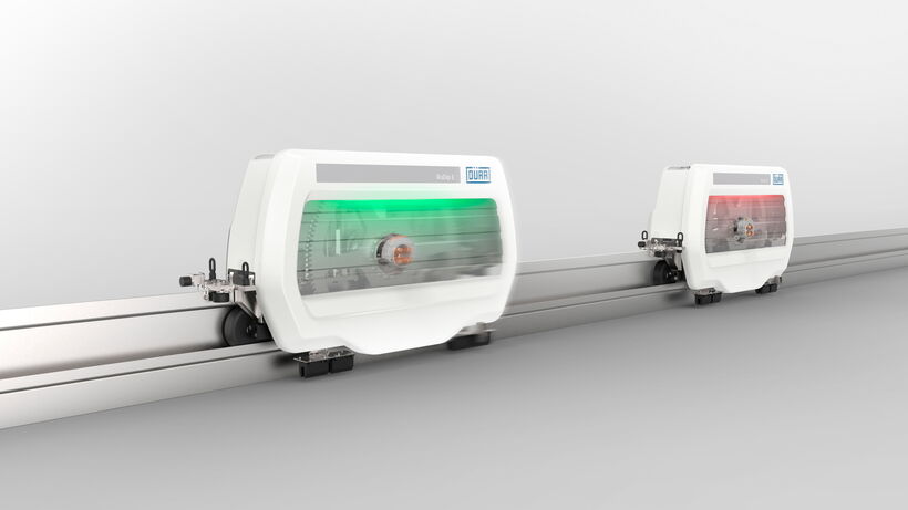 DÜRR RoDip Carrier mit integrierter LED-Statusbeleuchtung zur Visualisierung verschiedener Betriebszustände im automatisierten Fördersystem.