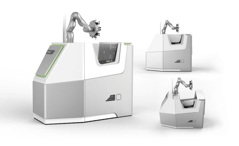 Mehrere Ansichten eines dynamisch gestalteten Maschinengehäuses für einen kollaborativen Roboter mit integrierter LED-Statusanzeige.