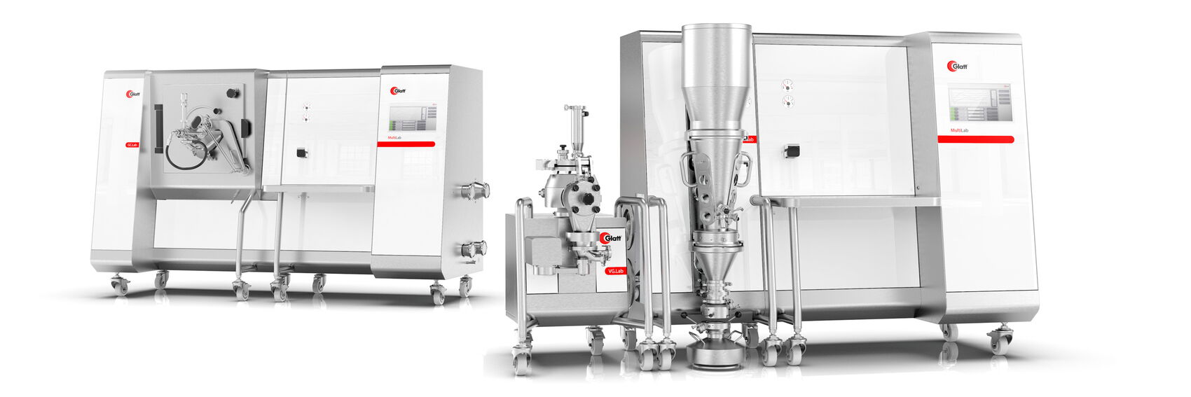Das modulare Glatt MultiLab System zeigt das Hauptmodul sowie verschiedene Prozessmodule für die Entwicklung und Herstellung von Tabletten und Kapseln. Die einheitliche Designsprache ermöglicht flexible Konfigurationen bei gleichbleibender Produktidentitä